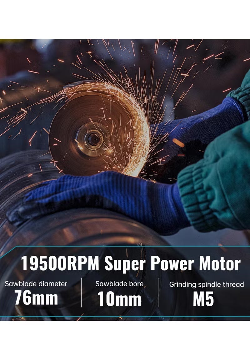 AOTUO مطحنة زاوية، مطحنة لاسلكية، قرص طحن 3 بوصات/76 مم، أداة كهربائية 19500 دورة في الدقيقة، أداة مطحنة، قاطع محمول يأتي مع بطاريتين 12 فولت وقفازات، 2 قرص قطع - Image 5
