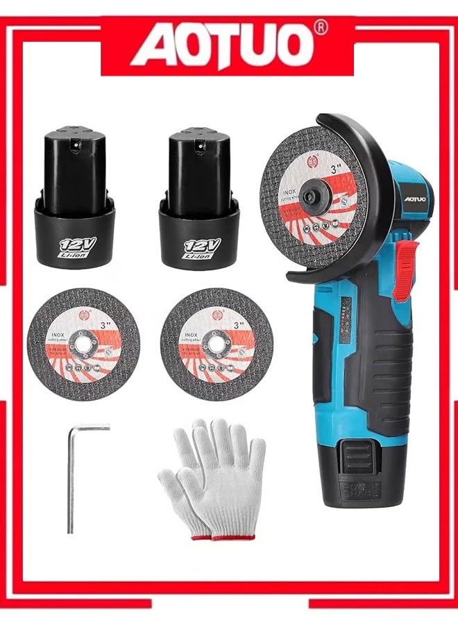 AOTUO مطحنة زاوية، مطحنة لاسلكية، قرص طحن 3 بوصات/76 مم، أداة كهربائية 19500 دورة في الدقيقة، أداة مطحنة، قاطع محمول يأتي مع بطاريتين 12 فولت وقفازات، 2 قرص قطع - Image 1