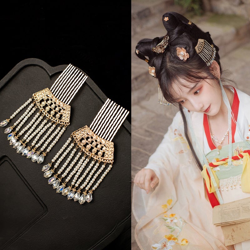 Generic Tang Style Tassel Hairpin Set Ethnic Hanfu Accessories A pair of Lotus beads hair comb (M77)