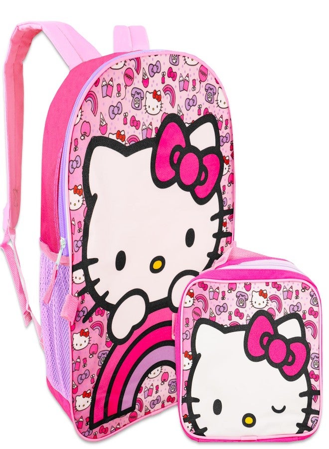 Hello Sanrio حقيبة ظهر سانريو هيلو كيتي مع حقيبة غداء للبنات والأطفال ~ مجموعة من 5 قطع تتضمن حقيبة مدرسية مقاس 16 بوصة، وأكثر من 2000 ملصق، ومشابك صفحات، والمزيد (مستلزمات مدرسية هيلو كيتي)، حقيبة ظهر وحقيبة غداء قطيفة. - Image 2