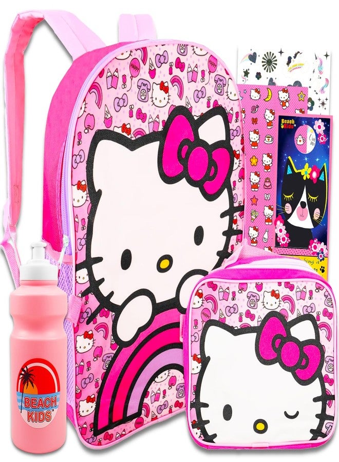 Hello Sanrio حقيبة ظهر سانريو هيلو كيتي مع حقيبة غداء للبنات والأطفال ~ مجموعة من 5 قطع تتضمن حقيبة مدرسية مقاس 16 بوصة، وأكثر من 2000 ملصق، ومشابك صفحات، والمزيد (مستلزمات مدرسية هيلو كيتي)، حقيبة ظهر وحقيبة غداء قطيفة. - Image 1