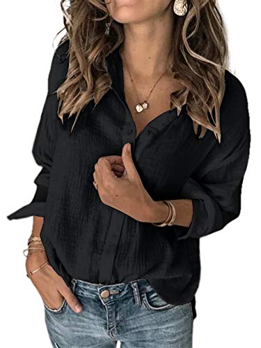 Karlywindow Womens Long Sleeve Button Down Cotton Linen Shirt Blouse Loose Fit Casual V-Neck Tops Black - Image 2