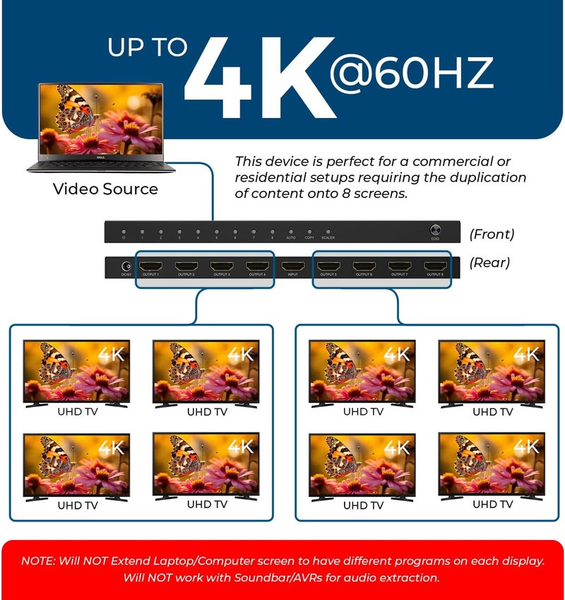 OREI موزع HDMI 4K 1 في 8 مخرج 4:4:4 8-بت - HDMI 2.0، HDCP 2.2، 18 جيجابت في الثانية، 4K @ 60Hz مكرر/موزع أولترا إتش دي عالي الدقة (1x8) - Image 4