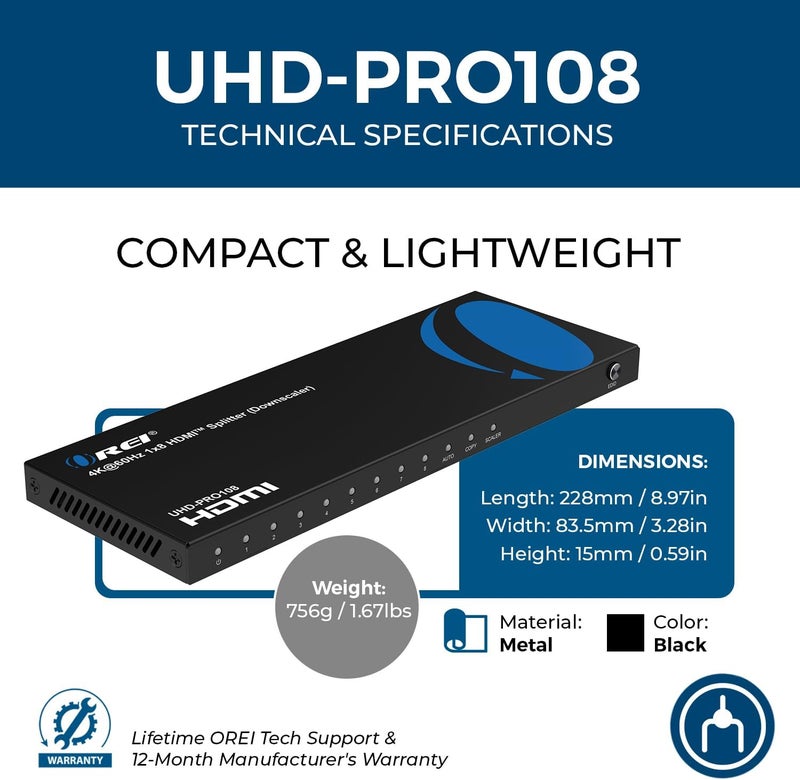 OREI موزع HDMI 4K 1 في 8 مخرج 4:4:4 8-بت - HDMI 2.0، HDCP 2.2، 18 جيجابت في الثانية، 4K @ 60Hz مكرر/موزع أولترا إتش دي عالي الدقة (1x8) - Image 5