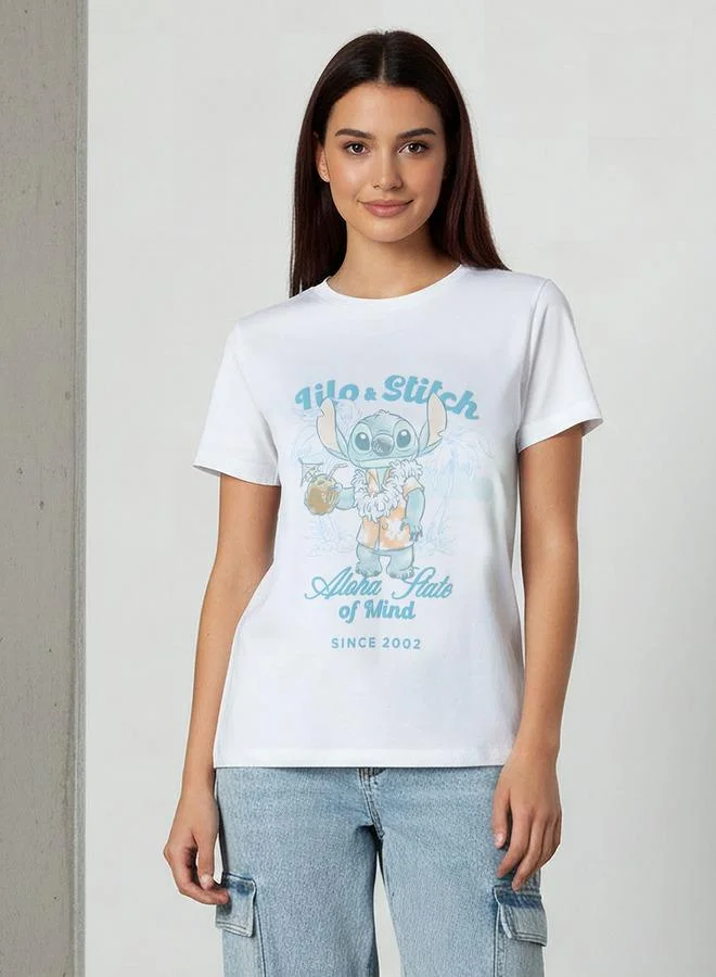 SP Characters Cotton T-shirt with Lilo and Stitch Print