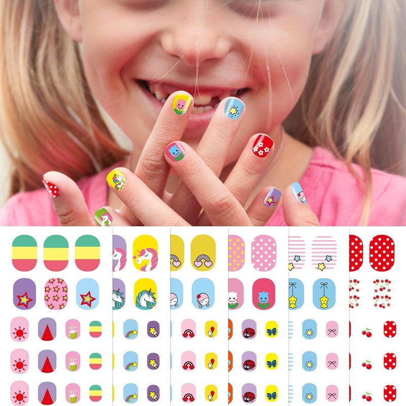 6 Sheets Nail Stickers for Kids Full Nail Wraps for Girls, Cute Unicorn Flower Butterfly Star Designs 3D Self-Adhesive Nail Art Decals Holiday Colorful Manicure Decorations for Age 7 and Older