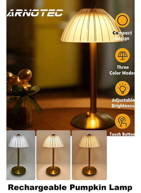 Portable LED Touch Table Lamp with 3-Color Modes & Dimmable Brightness - Rechargeable USB Gold Pumpkin-Shaped Desk Light, Ideal for Home, Bar, Restaurant, and Outdoor Decor