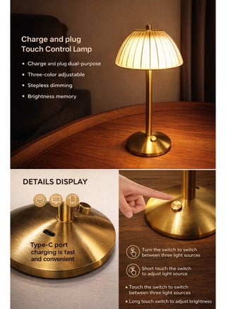 Portable LED Touch Table Lamp – USB Rechargeable, 3 Color Modes, Dimmable Gold Desk Light - view 2