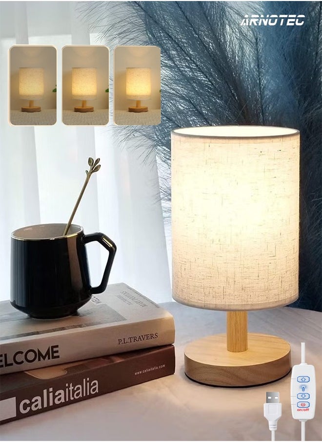ARNOTEC - Brightness adjustable small table lamp USB port - LED wick wooden bedside lamp simple bedroom lamp linen lampshade mini table lamp night light bedside table lamp suitable for bedroom, living room, children - Image 1