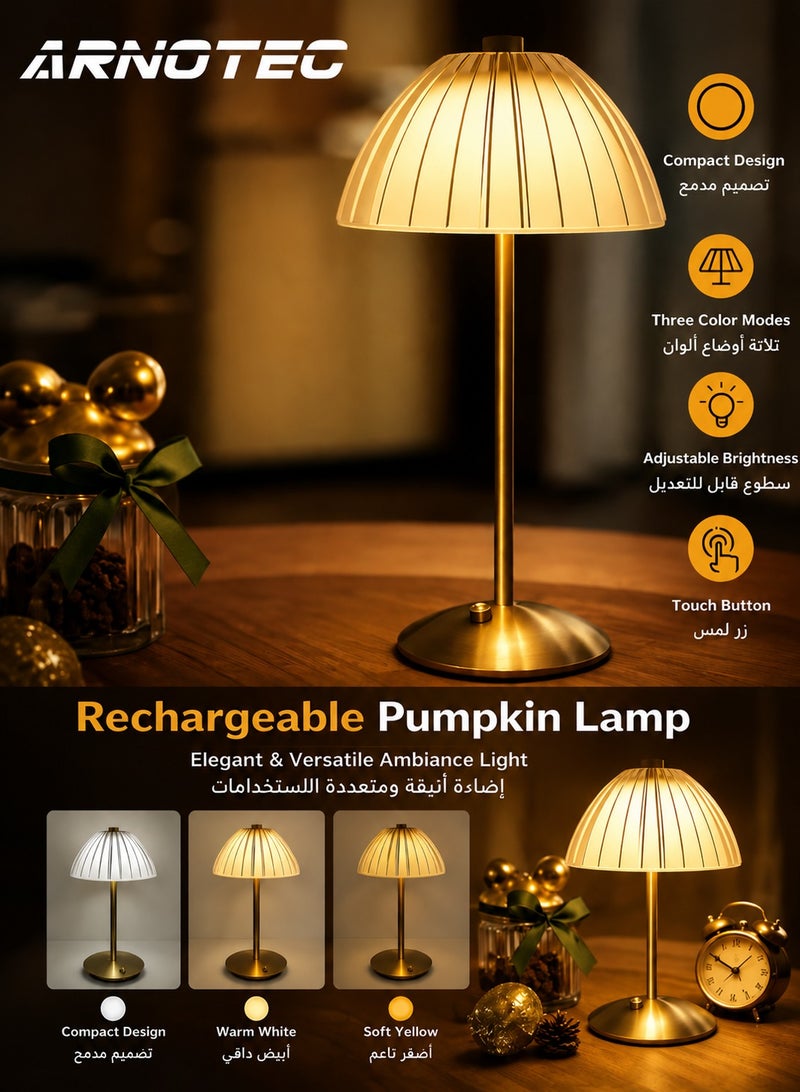 ARNOTEC Portable LED Touch Table Lamp – USB Rechargeable, 3 Color Modes, Dimmable Gold Desk Light - Image 1