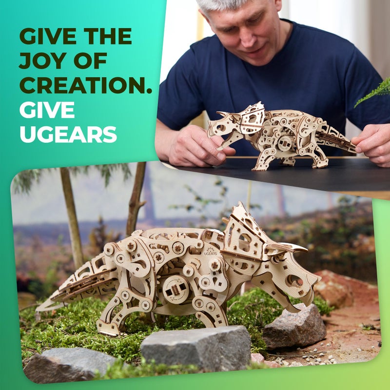 UGEARS Wooden 3D Puzzles for Adults - Triceratops Dinosaur Puzzle DIY Craft Kits Mechanical Models for Adults to Build - 3D Wooden Dinosaur Automaton Model Kit Wood Puzzles Adult - 400 Pcs - Image 3