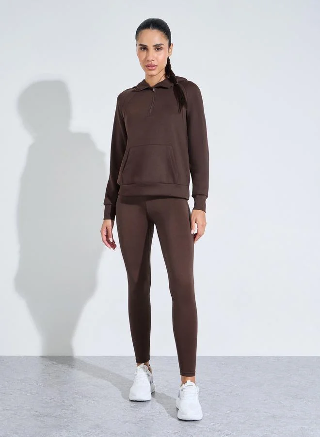 Styli Active Brown Solid Half-Zip Active Hoodie with Thumbholes