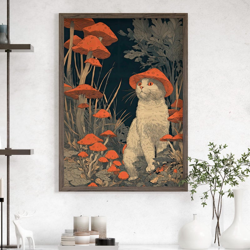 TNESSENTIAL Cat in Mushroom Forest Wall Art Poster or Canvas Print, Cat with Mushroom Hat Whimsical Fantasy Decor, Vintage Woodland Cottagecore Wall Art - Image 1