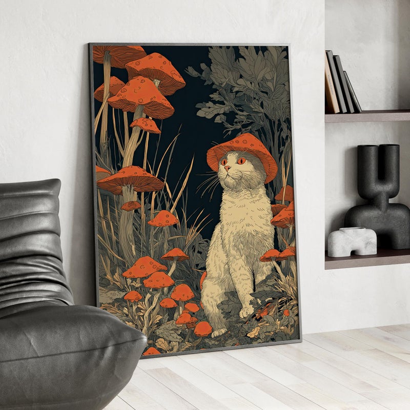 TNESSENTIAL Cat in Mushroom Forest Wall Art Poster or Canvas Print, Cat with Mushroom Hat Whimsical Fantasy Decor, Vintage Woodland Cottagecore Wall Art - Image 3