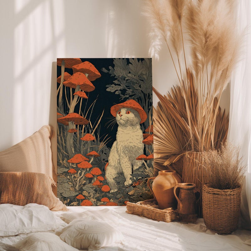 TNESSENTIAL Cat in Mushroom Forest Wall Art Poster or Canvas Print, Cat with Mushroom Hat Whimsical Fantasy Decor, Vintage Woodland Cottagecore Wall Art - Image 4