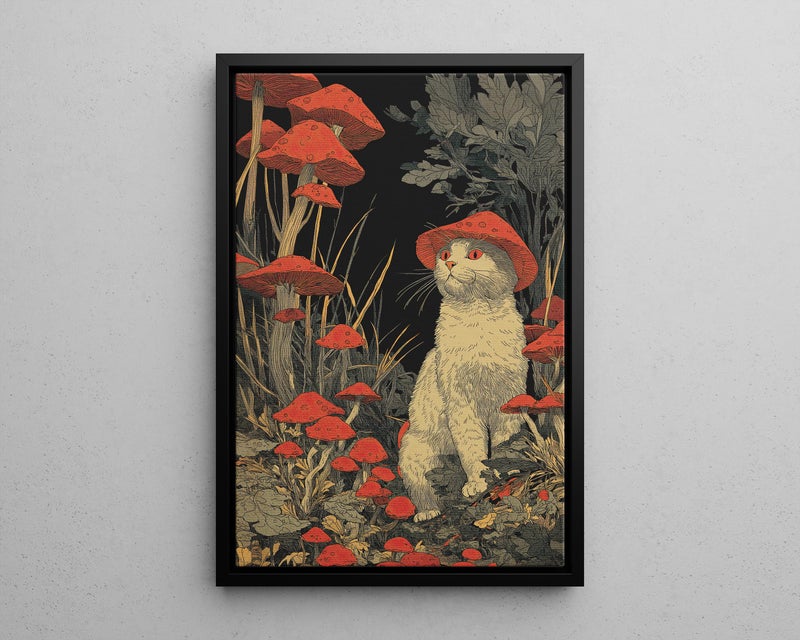 TNESSENTIAL Cat in Mushroom Forest Wall Art Poster or Canvas Print, Cat with Mushroom Hat Whimsical Fantasy Decor, Vintage Woodland Cottagecore Wall Art - Image 5
