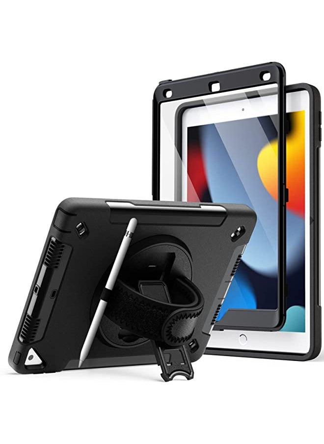 Jetech - Case for iPad 10.2-Inch (9th/8th/7th Generation, 2021/2020/2019) with Built-in Screen Protector, Protective Shockproof Rugged Tablet Cover, 360° Rotating Hand Strap Stand (Black) - Image 1