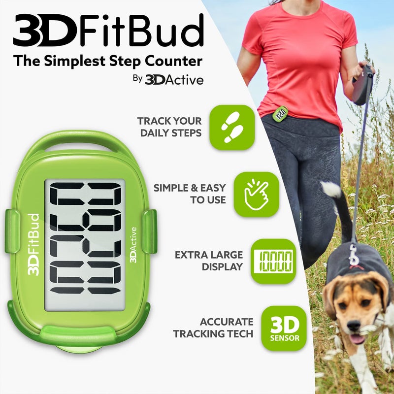 3DActive 3DFitBud Simple Step Counter Walking 3D Pedometer by 3DActive with Clip, Lanyard Accurate Step Tracker Large Display, Easy to Use for Kids Men Women Adult Seniors Daily Step Tracking - A420S - Green - Image 2