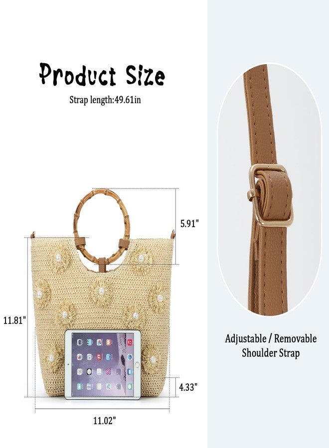 SUKUTU Flower Pearls Straw Tote Bag for Women Summer Beach Woven Top Handle Handbag with Adjustable Strap - Image 5