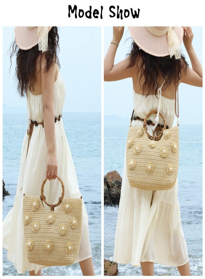 SUKUTU Flower Pearls Straw Tote Bag for Women Summer Beach Woven Top Handle Handbag with Adjustable Strap - Image 3