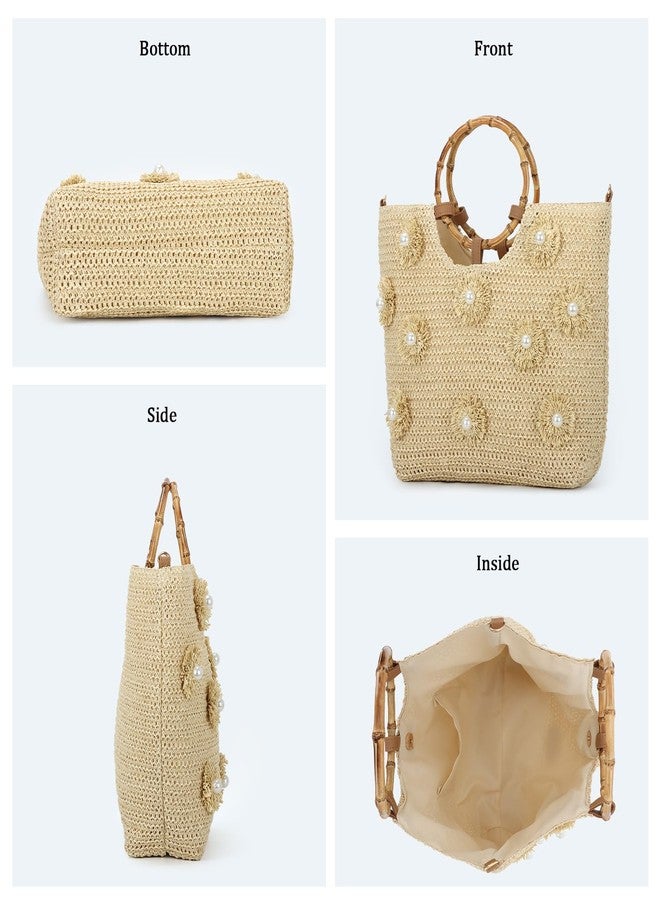 SUKUTU Flower Pearls Straw Tote Bag for Women Summer Beach Woven Top Handle Handbag with Adjustable Strap - Image 4