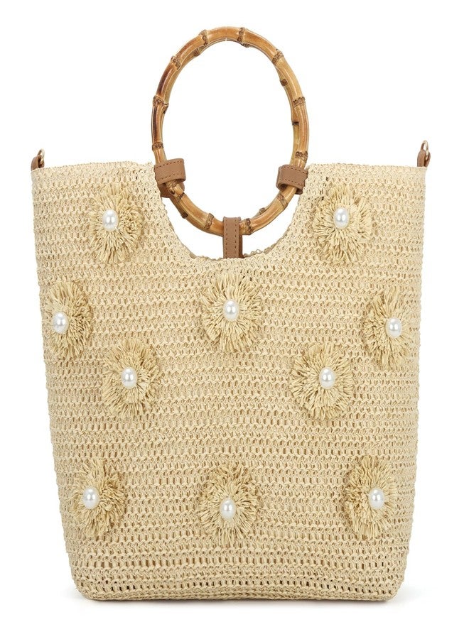 SUKUTU Flower Pearls Straw Tote Bag for Women Summer Beach Woven Top Handle Handbag with Adjustable Strap - Image 1