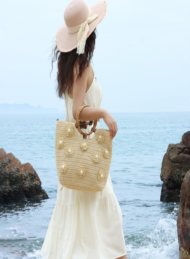SUKUTU Flower Pearls Straw Tote Bag for Women Summer Beach Woven Top Handle Handbag with Adjustable Strap - Image 2