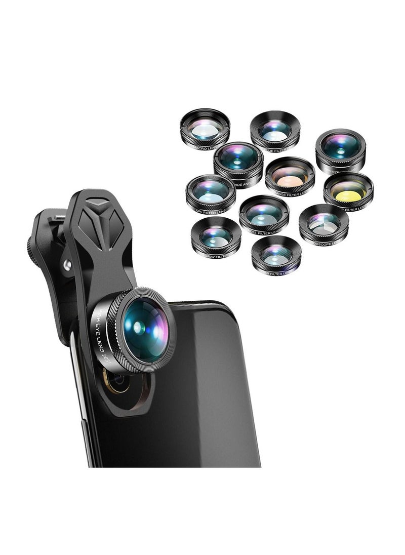 APEXEL - APEXEL APL-DG11 Universal Professional HD Phone Camera Lens Kit 11in1 Micro Lens 140° Wide Angle Lens 205° Fisheye Lens Kaleidoscope Lens Grad Color & Full Color Filters ND32 CPL Star Filters Compatib - Image 1