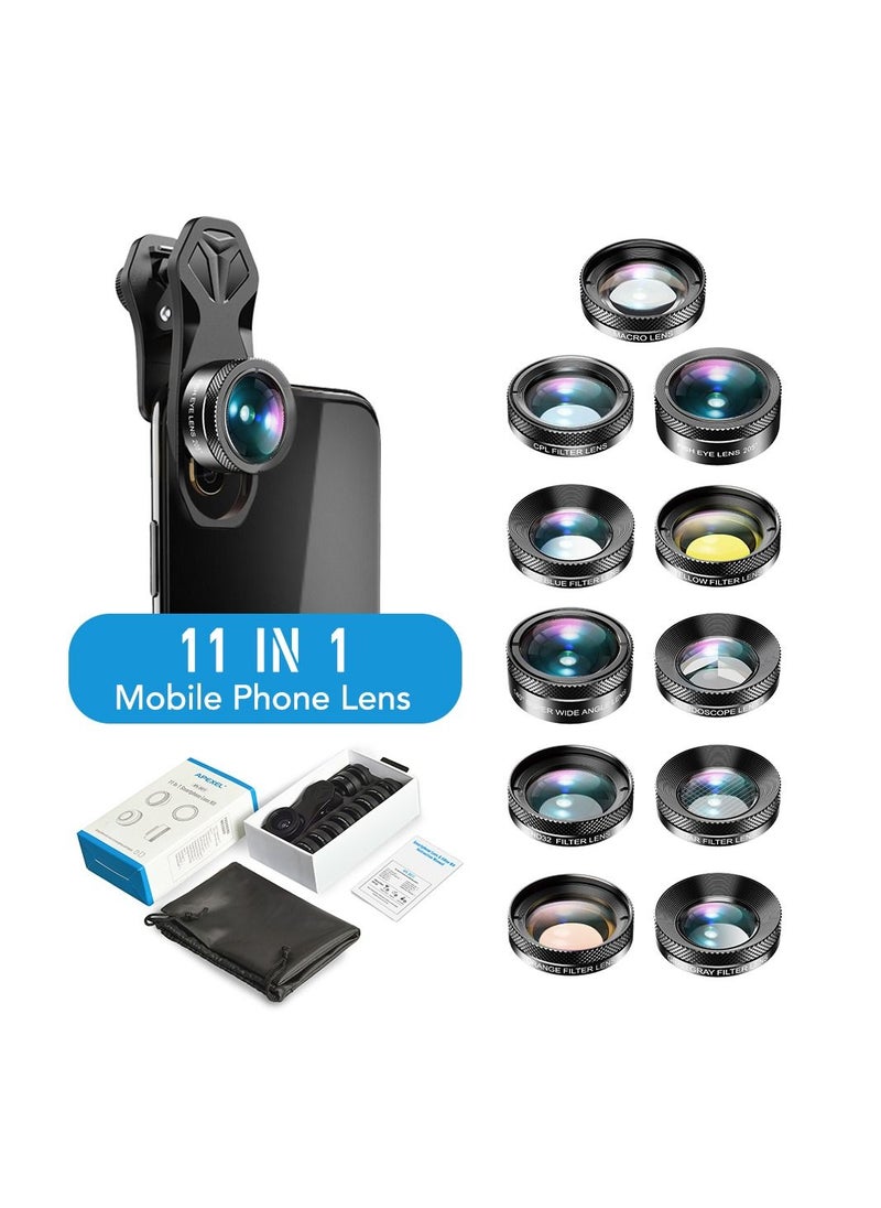 APEXEL - APEXEL APL-DG11 Universal Professional HD Phone Camera Lens Kit 11in1 Micro Lens 140° Wide Angle Lens 205° Fisheye Lens Kaleidoscope Lens Grad Color & Full Color Filters ND32 CPL Star Filters Compatib - Image 1