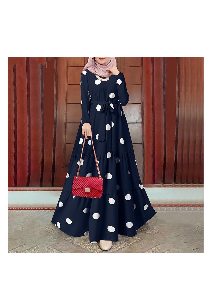 Women Muslim Elegant Casual Loose Dress ，Abaya Long Sleeved Polka Dots Printed Maxi Robe Dress  - Image 3