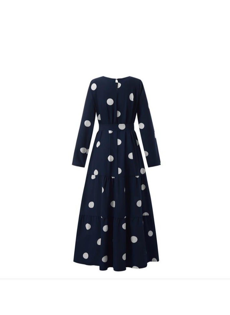 Women Polka Dot Frock with Belt, Round Neck Long Sleeve A-Line Dress, Stylish Elegant Women Muslim Elegant Casual Loose Dress, Perfect for Daily Wear and Outdoor Activities - Image 3