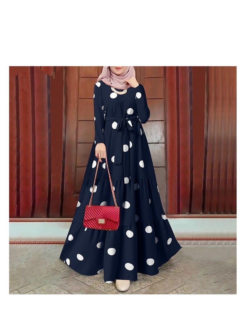 Women Polka Dot Frock with Belt, Round Neck Long Sleeve A-Line Dress, Stylish Elegant Women Muslim Elegant Casual Loose Dress, Perfect for Daily Wear and Outdoor Activities - Image 1