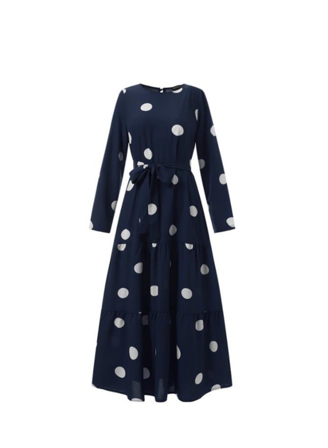 Women Polka Dot Frock with Belt, Round Neck Long Sleeve A-Line Dress, Stylish Elegant Women Muslim Elegant Casual Loose Dress, Perfect for Daily Wear and Outdoor Activities - Image 2