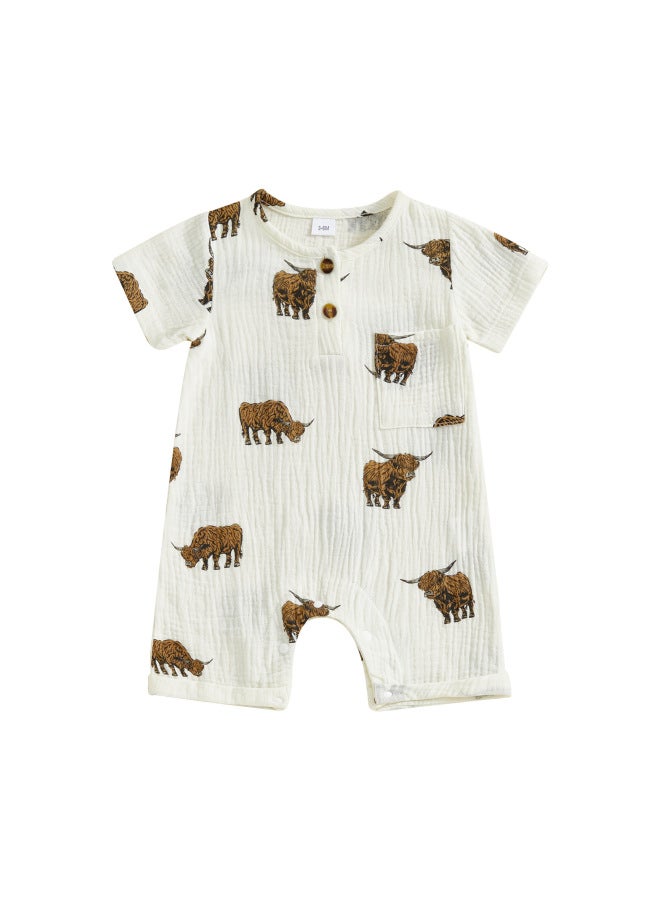 Export New Product Kidsren's Bubble Cotton Cow Print Short Apricot Jumpsuit