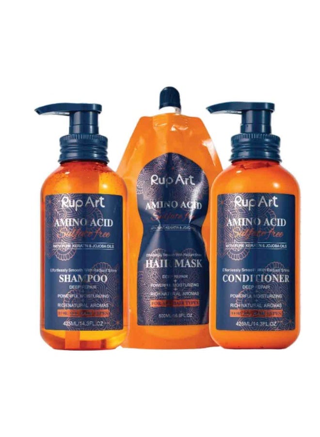 Rup Art Transform Your Hair Today With Rup Art Shampoo + Conditioner + Hair Mask Our Powerful Formula Features Ingredients Like Jojoba Oil Amino Acids And Pure Keratin To Repair Even The Most Damaged Locks Enjoy A Professional Spa Treatment At Home Sulfatefree Long Lasting Fragrance 425 + 425 + 500 ml = 1350 ml  - Image 1