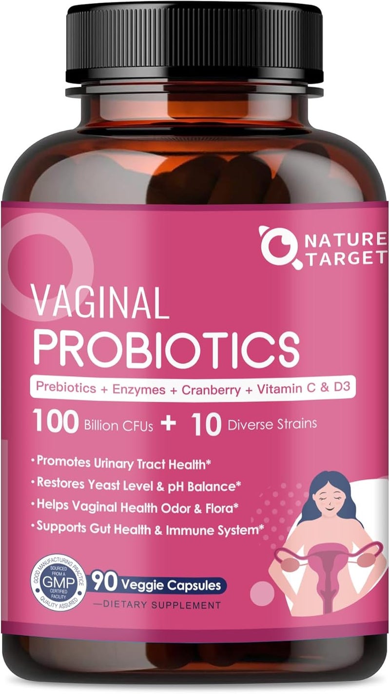 NATURE TARGET Vaginal Womens Probiotics 100 Billion CFUs Probiotics  Prebiotics with Digestive Enzymes Cranberry  DMannose  Supports pH Balance Odor  Urinary Tract Health  90 Capsules - Image 1