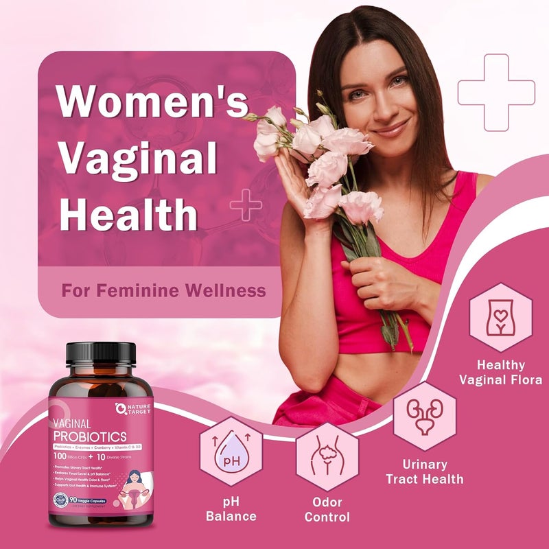 NATURE TARGET Vaginal Womens Probiotics 100 Billion CFUs Probiotics  Prebiotics with Digestive Enzymes Cranberry  DMannose  Supports pH Balance Odor  Urinary Tract Health  90 Capsules - Image 2