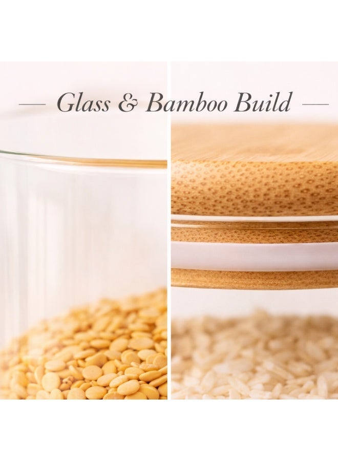 Honey Bee 500ML Round Glass Jars Set of 3 with Bamboo Stand – Airtight Food Storage Containers, Clear Glass Canisters with Wooden Lids for Kitchen, Spices, Snacks & Dry Food - Image 3