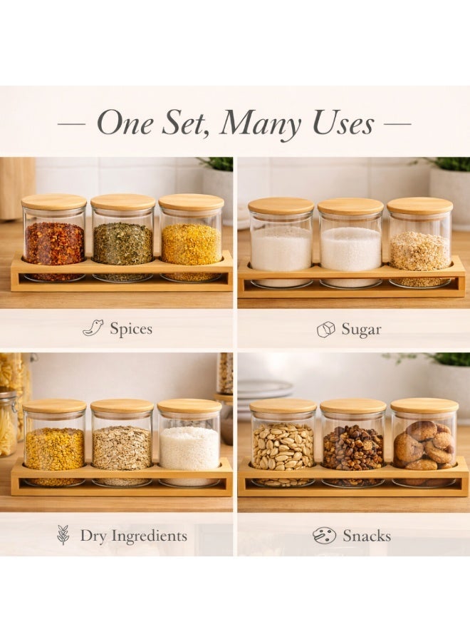 Honey Bee 500ML Round Glass Jars Set of 3 with Bamboo Stand – Airtight Food Storage Containers, Clear Glass Canisters with Wooden Lids for Kitchen, Spices, Snacks & Dry Food - Image 2