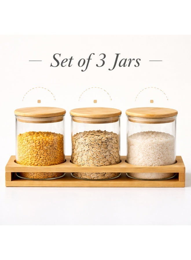 Honey Bee 500ML Round Glass Jars Set of 3 with Bamboo Stand – Airtight Food Storage Containers, Clear Glass Canisters with Wooden Lids for Kitchen, Spices, Snacks & Dry Food - Image 5