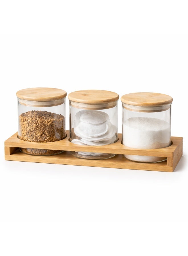 Honey Bee 500ML Round Glass Jars Set of 3 with Bamboo Stand – Airtight Food Storage Containers, Clear Glass Canisters with Wooden Lids for Kitchen, Spices, Snacks & Dry Food - Image 1
