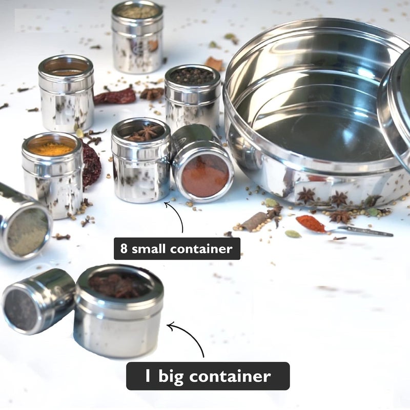 RJ kitchenware Store 9 in 1 Spice Box Stainless Steel stylish Extra Large Masala Box for Kitchen Steel Masala Dabba Steel See through lid 9 containers 1 Spoons225cms Silver - Image 5