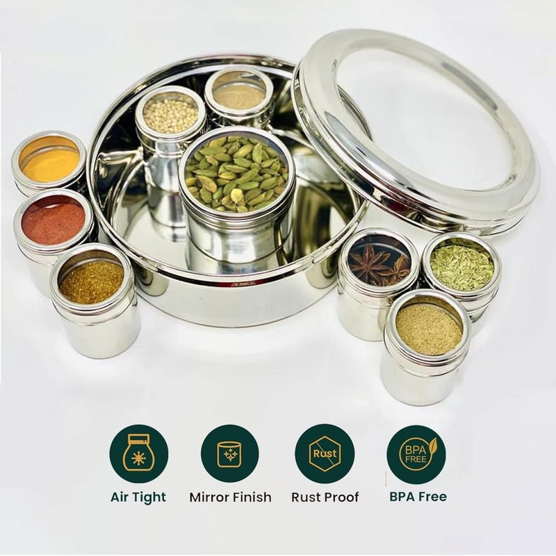 RJ kitchenware Store 9 in 1 Spice Box Stainless Steel stylish Extra Large Masala Box for Kitchen Steel Masala Dabba Steel See through lid 9 containers 1 Spoons225cms Silver - Image 3