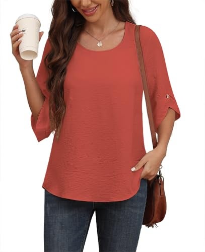 Askyes بلوزات شيفون نسائية من أسكيس،tops وبلوزات كاجوال لطيفة، بلوزة قصيرة الأكمام جرس صيفية للعمل، برتقالية، L - Image 3