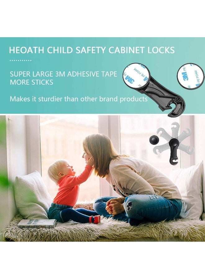 HEOATH Child Safety Cabinet Locks (10 Pack) - Baby Proofing Latches Lock for Drawers, Toilet Seat, Fridge, Oven, with 10 Extra 3M Adhesives (Black) - Image 4