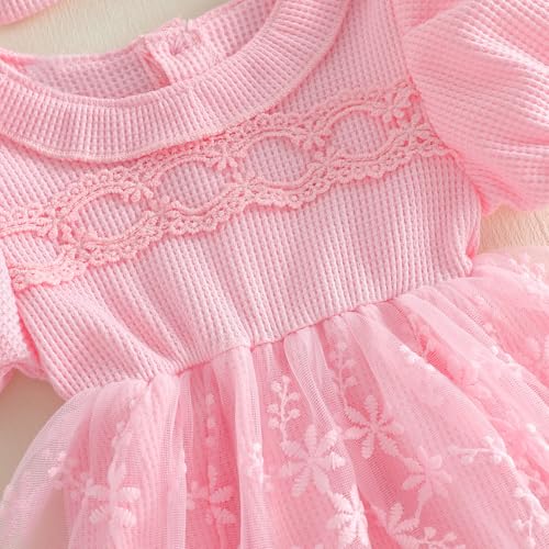 Douhoow Baby Girl Lace Dress Short Sleeve Baby Romper Dress Flowers Mesh Infant Girl Summer Clothes with Headband (Light Pink, 0-3 Months) - Image 4