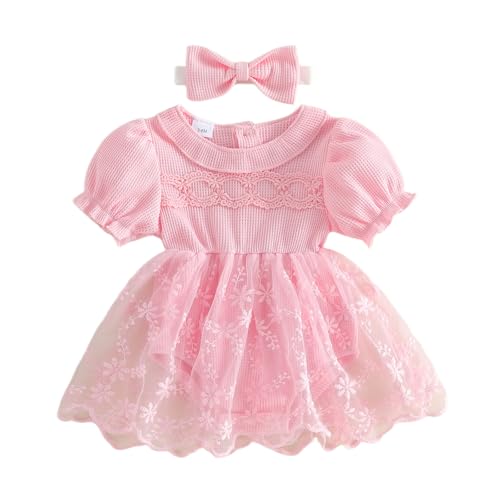 Douhoow Baby Girl Lace Dress Short Sleeve Baby Romper Dress Flowers Mesh Infant Girl Summer Clothes with Headband (Light Pink, 0-3 Months) - Image 1