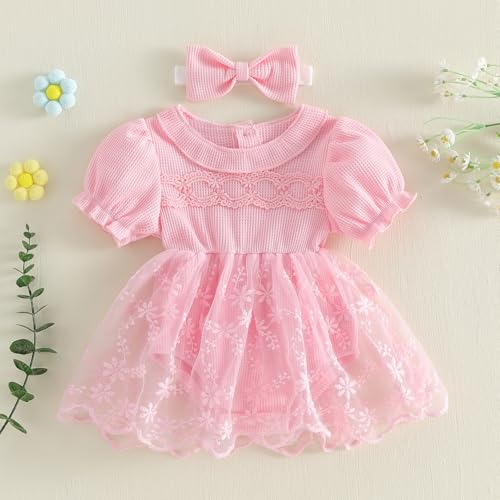 Douhoow Baby Girl Lace Dress Short Sleeve Baby Romper Dress Flowers Mesh Infant Girl Summer Clothes with Headband (Light Pink, 0-3 Months) - Image 2