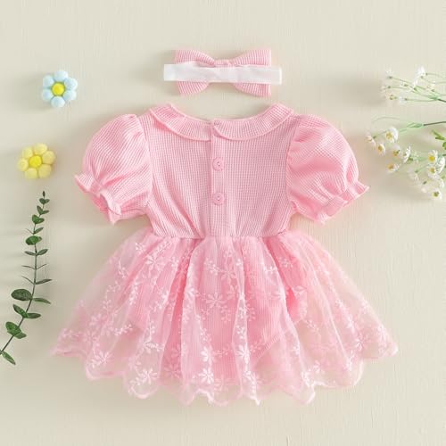 Douhoow Baby Girl Lace Dress Short Sleeve Baby Romper Dress Flowers Mesh Infant Girl Summer Clothes with Headband (Light Pink, 0-3 Months) - Image 3