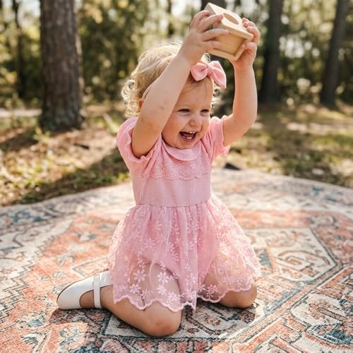 Douhoow Baby Girl Lace Dress Short Sleeve Baby Romper Dress Flowers Mesh Infant Girl Summer Clothes with Headband (Light Pink, 0-3 Months) - Image 5